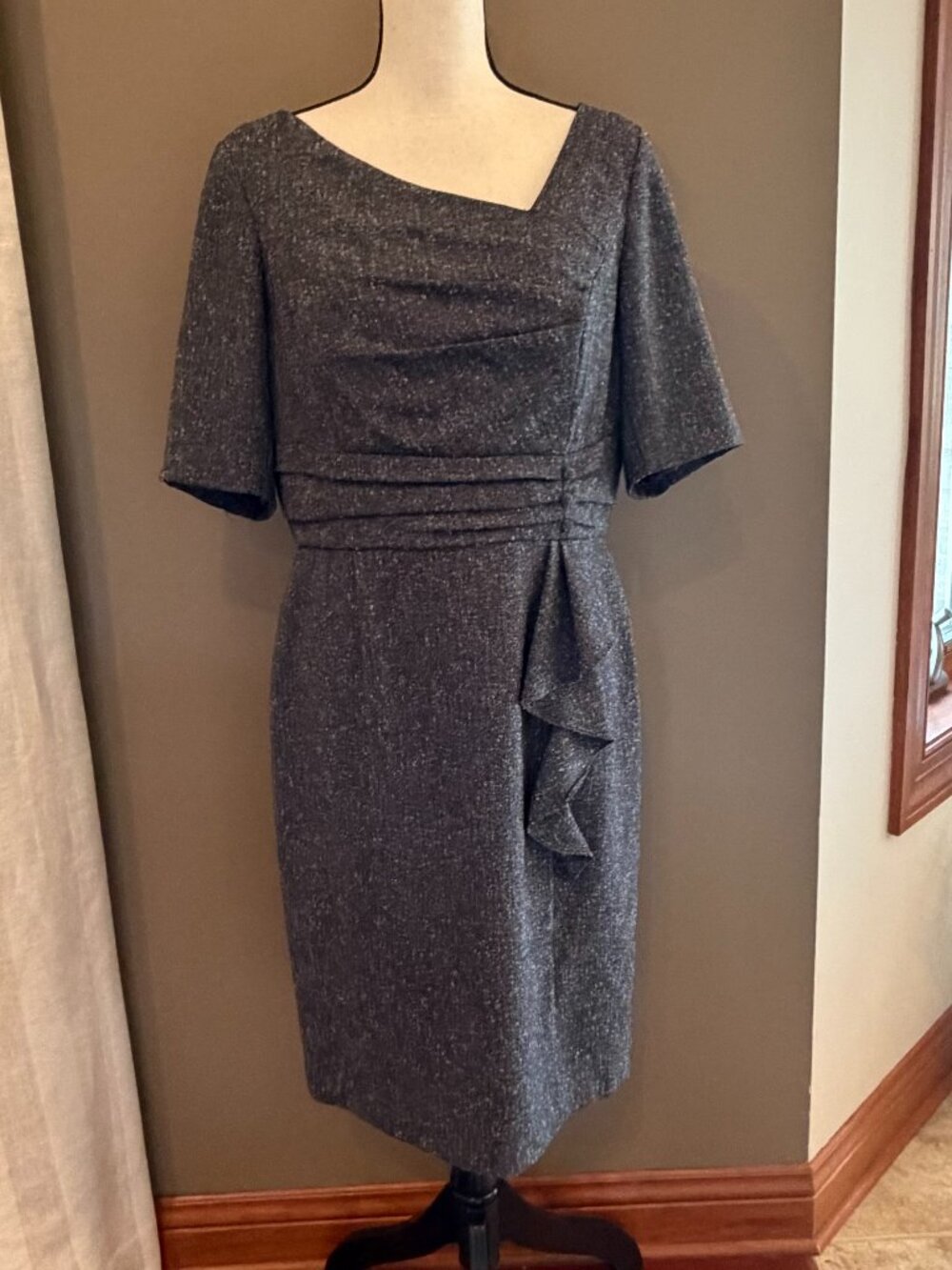 WHBM Gray Tweed Midi Gathered Ruffle Asymmetrical Sheath Dress, Size 12
